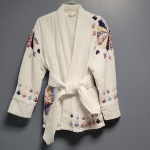Anthropologie White Kimono with Colorful Embroidery Jacket 100 Percent Cotton